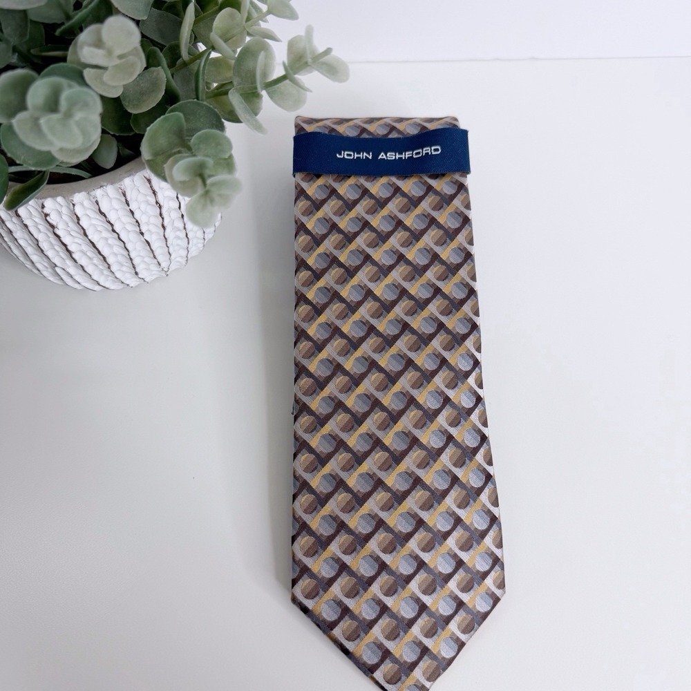 NWT John Ashford Men's Silk Tie Brown Gray Shady Micros 3 1/8" Xβ 58 1/2" Work
